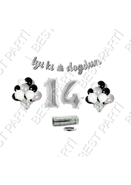 Rafya Ipli 14 Yaş Gümüş Folyo Balon Iyiki Doğdun Yazılı Banner Balon Set Doğum Günü