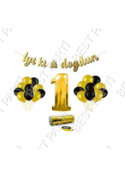 Rafya Ipli 1 Yaş Gold Folyo Balon Iyiki Doğdun Yazılı Banner Balon Set Doğum Günü