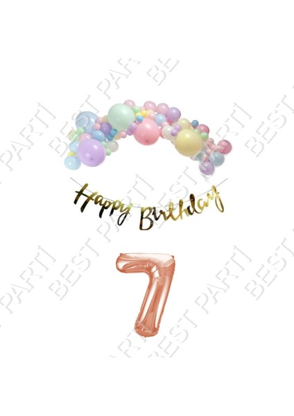 Rönesans Parti Happy Bırthday Gold Yazılı Kaligrafi Banner Makaron Balon Seti 7 Yaş Rose Gold Set Doğum Günü