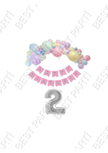 Happy Bırthday Yazılı Banner Makaron Balon Seti 2 Yaş Gümüş Set Doğum Günü