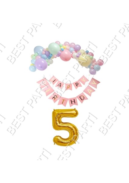 Happy Bırthday Yazılı Banner Makaron Balon Seti 5 Yaş Gold Set Doğum Günü