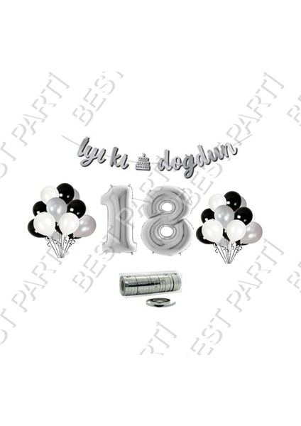 Rafya Ipli 18 Yaş Gümüş Folyo Balon Iyiki Doğdun Yazılı Banner Balon Set Doğum Günü