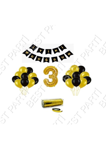 Rafya Ipli 3 Yaş Gold Folyo Balon Set Doğum Günü