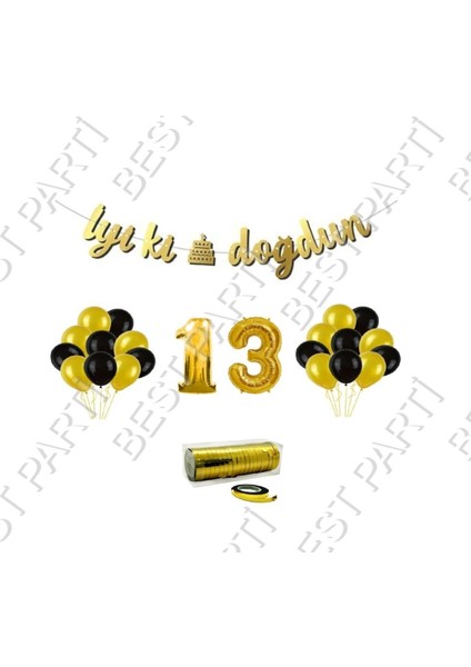 Rafya Ipli 13 Yaş Gold Folyo Balon Iyiki Doğdun Yazılı Banner Balon Set Doğum Günü