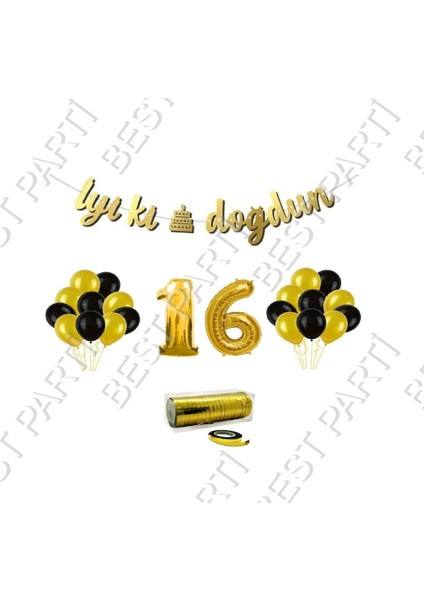 Rafya Ipli 16 Yaş Gold Folyo Balon Iyiki Doğdun Yazılı Banner Balon Set Doğum Günü