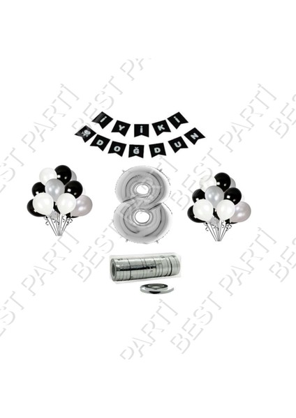 Rafya Ipli 8 Yaş Gümüş Folyo Balon Set Doğum Günü