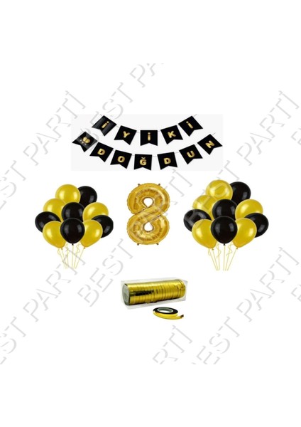 Rafya Ipli 8 Yaş Gold Folyo Balon Set Doğum Günü