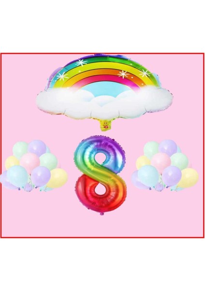 Bulutlu Gökkuşağı Temalı Makaron Balon 8 Yaş Doğum Günü Parti Seti