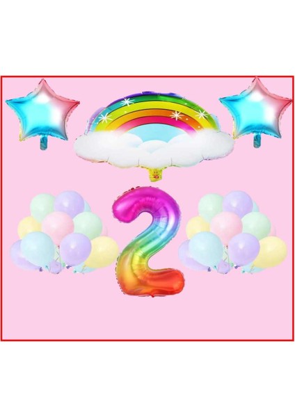 Bulutlu Gökkuşağı Yıldız Temalı Makaron Balon 2 Yaş Doğum Günü Parti Seti