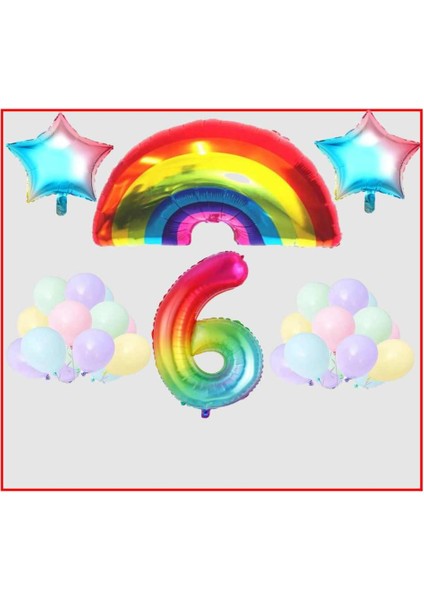 Gökkuşağı Yıldız Temalı Makaron Balon 6 Yaş Doğum Günü Parti Seti