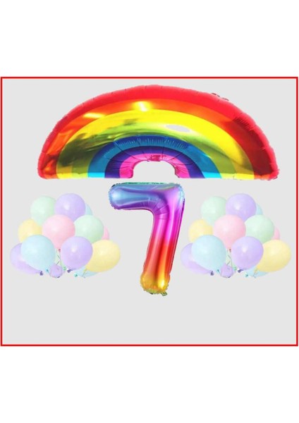 Gökkuşağı Temalı Makaron Balon 7 Yaş Doğum Günü Parti Seti