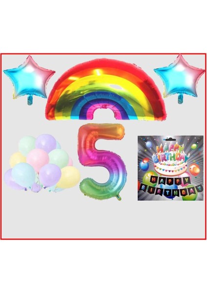 Gökkuşağı Yıldız Makaron Balon Banner Temalı 5 Yaş Doğum Günü Parti Seti