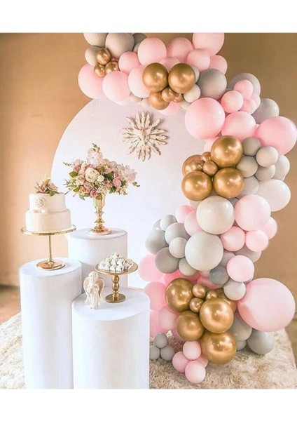 Pastel Pembe-Gri -Krom Gold Balon 100 Adet + 5 Mt. Balon Zinciri