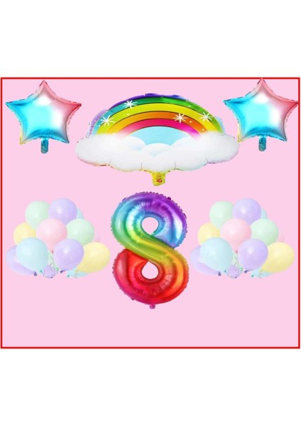 Bulutlu Gökkuşağı Yıldız Temalı Makaron Balon 8 Yaş Doğum Günü Parti Seti
