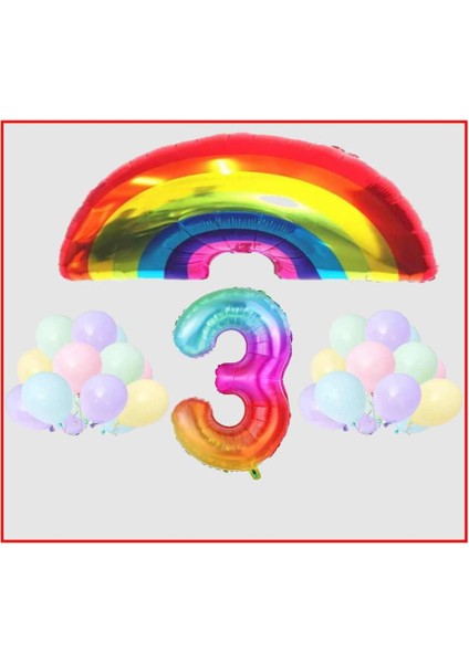 Gökkuşağı Temalı Makaron Balon 3 Yaş Doğum Günü Parti Seti