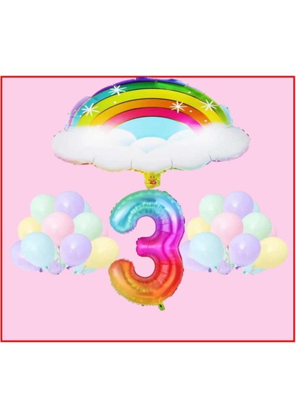 Bulutlu Gökkuşağı Temalı Makaron Balon 3 Yaş Doğum Günü Parti Seti