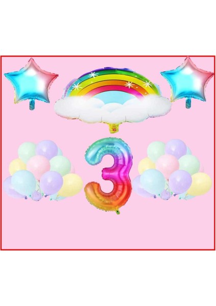 Bulutlu Gökkuşağı Yıldız Temalı Makaron Balon 3 Yaş Doğum Günü Parti Seti