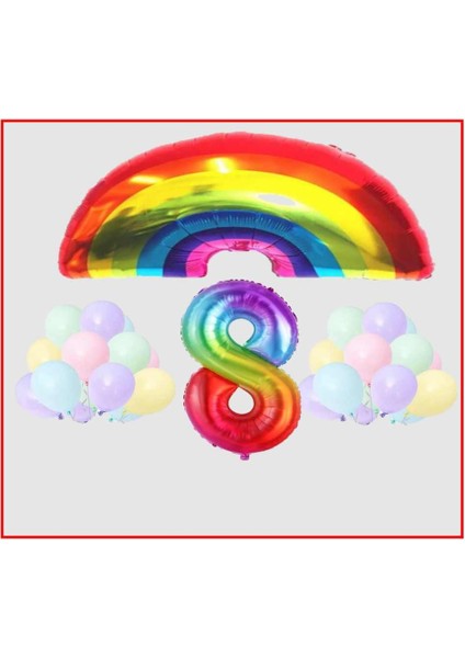 Gökkuşağı Temalı Makaron Balon 8 Yaş Doğum Günü Parti Seti