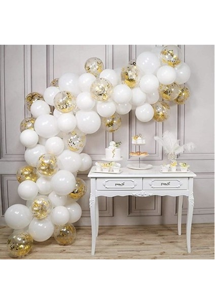 Beyaz Gold Konfetili Balon Zincir Seti 50 Adet