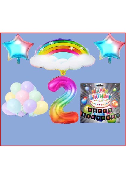 Bulutlu Gökkuşağı Yıldız Makaron Balon Banner Temalı 2 Yaş Doğum Günü Parti Seti