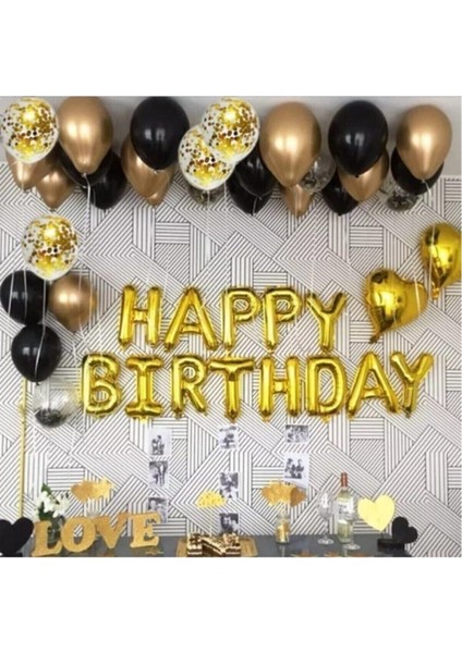 Happy Birthday Gold Folyo Harf Balon Gold Krom Balon Pastel Siyah Balon Şeffaf Konfetili Balon Seti