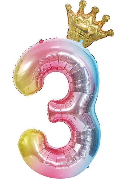 3 Yaş Gökkuşağı Rakam ve Kral Tacı Folyo Balon Doğum Günü Parti Kutlama Seti