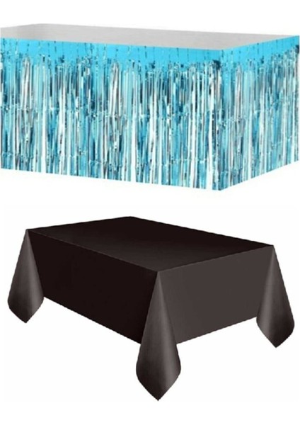 Mavi Metalize Masa Etegi + Plastik Siyah Masa Örtüsü