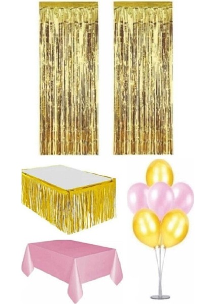Gold Renk Metalize Perde Metalize Masa Eteği Plastik Masa Örtüsü 7 Balon Standı Seti