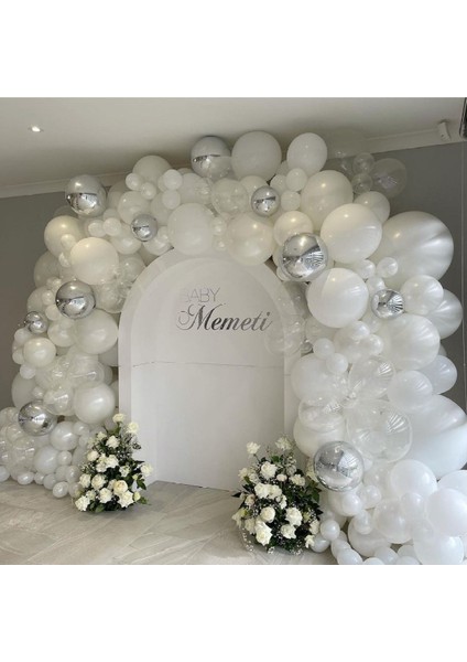 100 Adet Beyaz Şeffaf Krom Gümüş Balon ve 5 mt Balon Zinciri