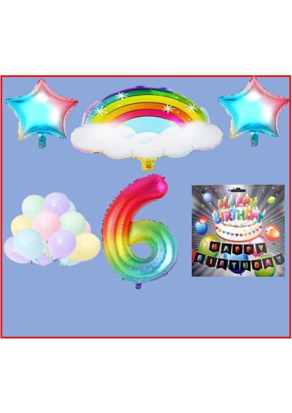 Bulutlu Gökkuşağı Yıldız Makaron Balon Banner Temalı 6 Yaş Doğum Günü Parti Seti