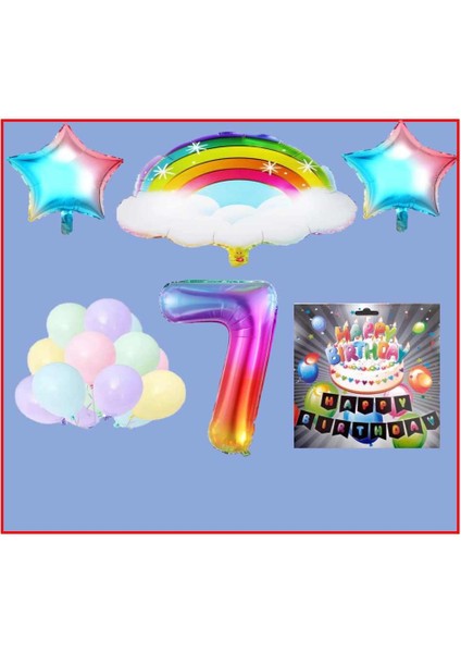 Bulutlu Gökkuşağı Yıldız Makaron Balon Banner Temalı 7 Yaş Doğum Günü Parti Seti