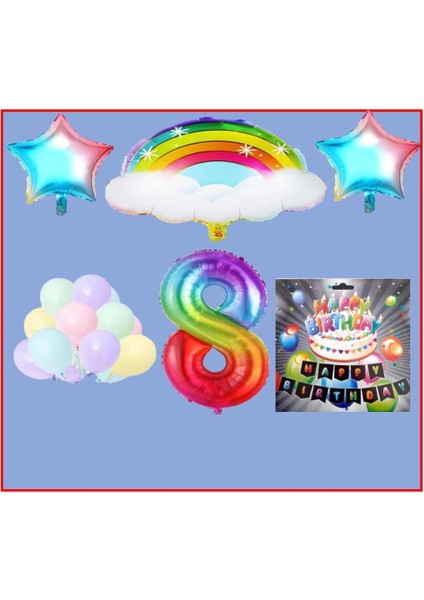 Bulutlu Gökkuşağı Yıldız Makaron Balon Banner Temalı 8 Yaş Doğum Günü Parti Seti