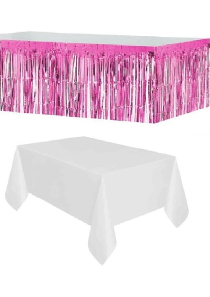 Pembe Metalize Masa Etegi + Plastik Beyaz Masa Örtüsü