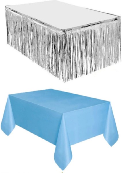 Gümüş Metalize Masa Etegi + Plastik Mavi Masa Örtüsü