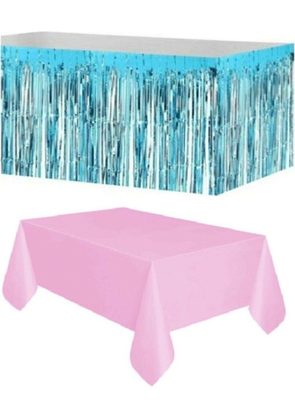 Metalize Masa Eteği + Plastik Pembe Masa Örtüsü