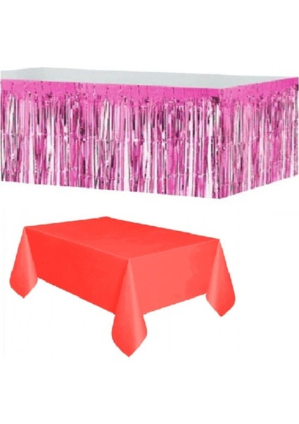 Pembe Metalize Masa Etegi + Plastik Kırmızı Masa Örtüsü