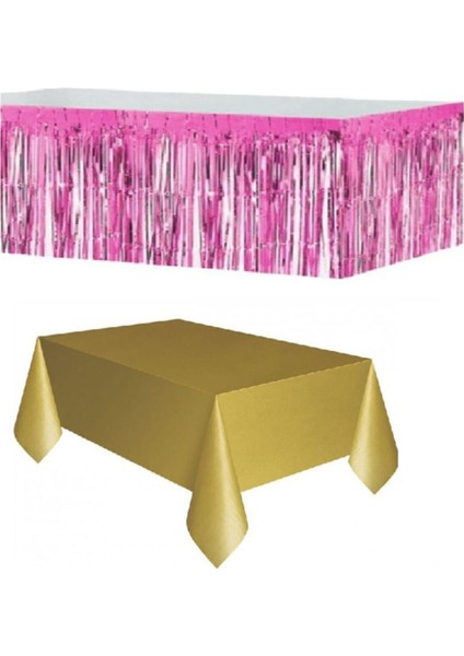 Pembe Metalize Masa Etegi + Plastik Gold Masa Örtüsü