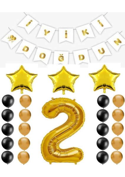 Iyiki Doğdun Yazılı 2 Yaş Gold Renk Doğum Günü Parti Seti