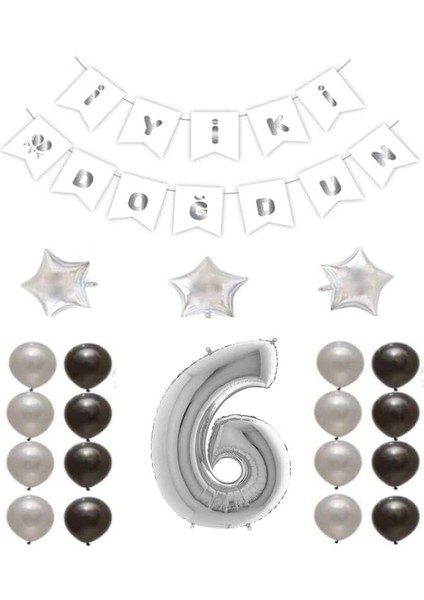 Iyiki Doğdun Yazılı 6 Yaş Gümüş Renk Doğum Günü Parti Seti