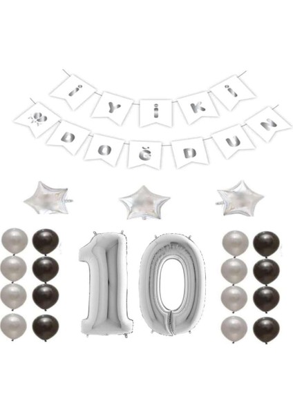 Iyiki Doğdun Yazılı 10 Yaş Gümüş Renk Doğum Günü Parti Seti