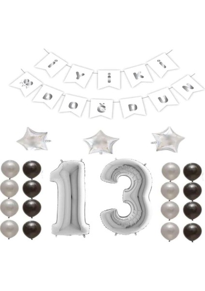 Iyiki Doğdun Yazılı 13 Yaş Gümüş Renk Doğum Günü Parti Seti