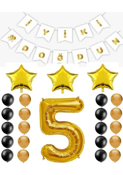 Iyiki Doğdun Yazılı 5 Yaş Gold Renk Doğum Günü Parti Seti