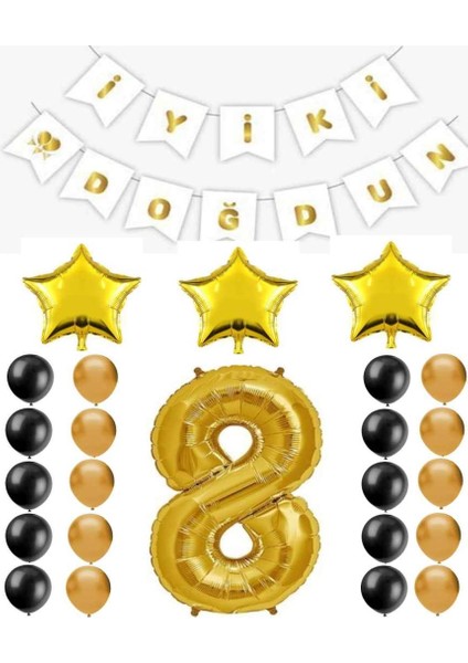 Iyiki Doğdun Yazılı 8 Yaş Gold Renk Doğum Günü Parti Seti