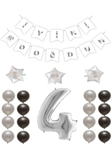 Iyiki Doğdun Yazılı 4 Yaş Gümüş Renk Doğum Günü Parti Seti