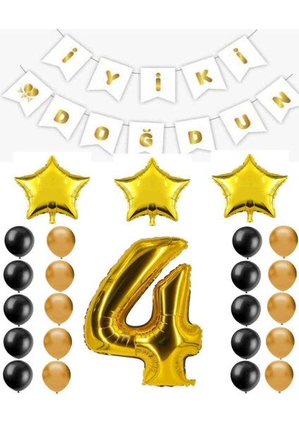 Iyiki Doğdun Yazılı 4 Yaş Gold Renk Doğum Günü Parti Seti