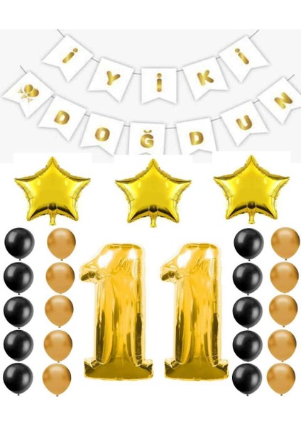 Iyiki Doğdun Yazılı 11 Yaş Gold Renk Doğum Günü Parti Seti