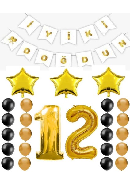 Iyiki Doğdun Yazılı 12 Yaş Gold Renk Doğum Günü Parti Seti