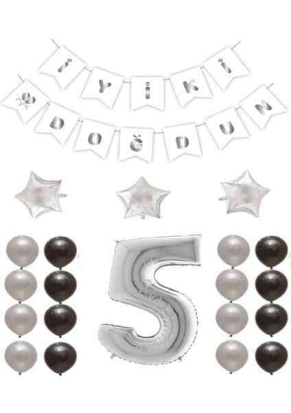 Iyiki Doğdun Yazılı 5 Yaş Gümüş Renk Doğum Günü Parti Seti
