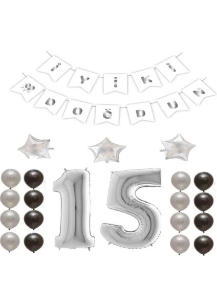 Iyiki Doğdun Yazılı 15 Yaş Gümüş Renk Doğum Günü Parti Seti