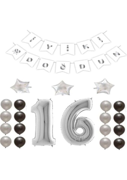 Iyiki Doğdun Yazılı 16 Yaş Gümüş Renk Doğum Günü Parti Seti